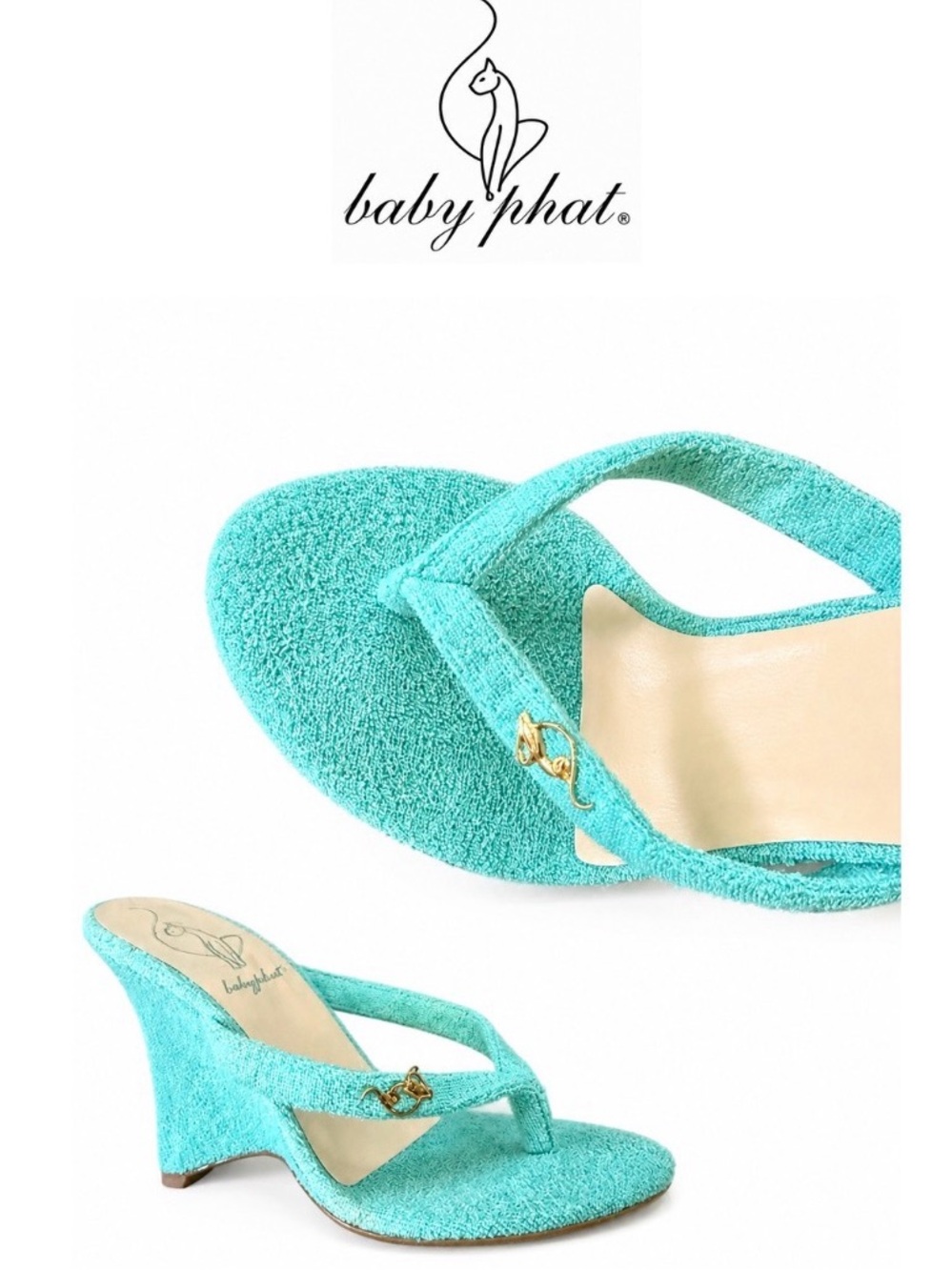 RARE Vintage Y2K Baby Phat Turquoise Terry Cloth Wedge Thong Sandals Gold Cat